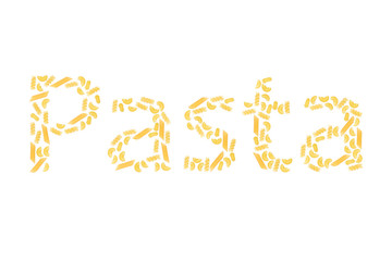the inscription "macaroni" of letters made up of macaroni isolated on white background