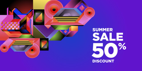 Summer Sale 50% Discount Banner with Colorful Abstract Geometric Background Pattern