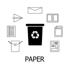 Collection of black and white icons of paper waste. Cardboard garbage and bin with recycling marc. Vector concept