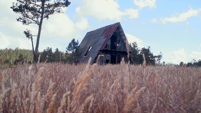 Slow Motion: Old A-Frame House in Wheat Field in Constanza, Dominican Republic