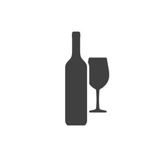 Wine bottle and wineglass of gray color isolated on white background. Vector icon.