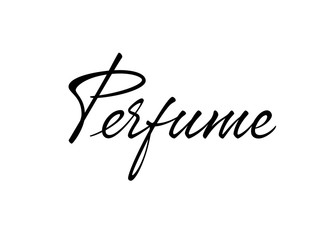 Perfume vector lettering. Handwritten text label. Freehand typography design