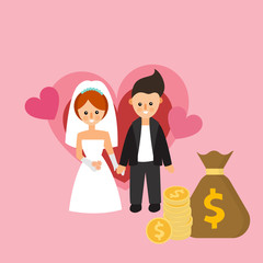 Bride and groom. Happy wedding couple with stack of coin and money bag. Love symbol isolated on pink background