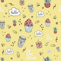 Hygge seamless pattern with cupcake illustration. Scandinavian trendy illustrational with candle, coffee, plant, stars. Yellow vector background. Good fabric design and wrapping paper