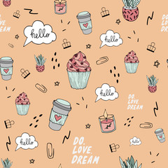Hygge seamless pattern with cupcake illustration. Scandinavian trendy illustrational with coffee, candle, plant, stars. Peach vector background. Good fabric design and wrapping paper