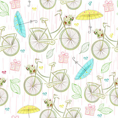 Hand-drawn seamless pattern with the image of a bicycle, a basket for flowers, a street lamp and a raindrop. Textile summer pattern fow girls. Cothes print. Wallpaper design watercolor. Bicycle travel