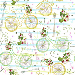 Hand-drawn seamless pattern with the image of a bicycle, a gift, an umbrella and leaves. Textile summer pattern fow girls. Clothes print. Wallpaper design chalk. Bicycle travel.