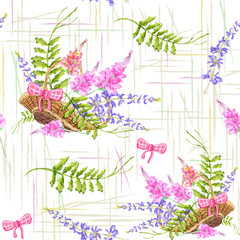 Hand-drawn seamless pattern with the image of a basket with lavender and wildflowers. Wintage lavender flower. Provance fabric. Clothes print. Wallpaper design watercolor.