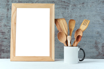 Kitchen utensils background with a white blank, copy space, home kitchen mockup