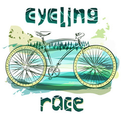 Bicycle print for t-shirt. Retro bike and natural landscape. Traveling by bike.