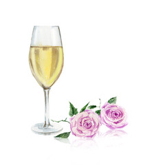 champagne glass and pink rose flowers watercolor illustration, isolated on white background