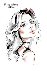 Hand drawn stylish beautiful young woman with long blonde hair. Beautiful girl. Fashion look. Woman with choke necklace. Sketch. Vector illustration.