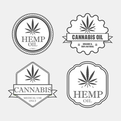 Marijuana leaf. Medical cannabis. Hemp oil. Natural cannabis. Icon product label and logo graphic template. Isolated vector illustration.