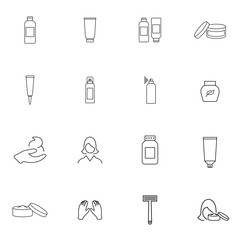 Skincare icon. Set of line icons on white background. Hand cream, body lotion, shaving razor. Beauty products concept. Vector illustration. Pixel perfect
