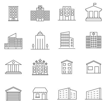 Buildings line icon set. Bank, shop, university, hotel. Architecture concept. Can be used for topics like office, city, real estate