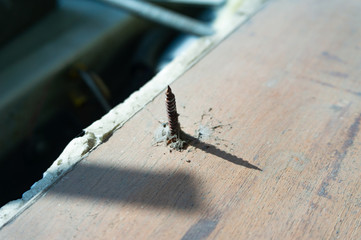 dangerous grunge metal nail or tack on dirty wood surface