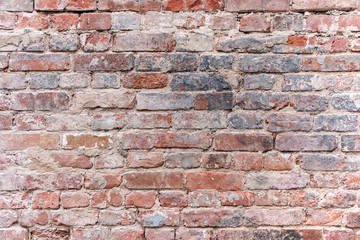 Old Dirty Red Brick Wall. Fragment Of Brick Wall Of Old Building Close-up.