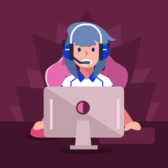 E-sport girl player, playing video game on computer. Vector illustration.