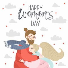 Women's day greeting card with cute illustration and handwritten calligraphy text. Vector.