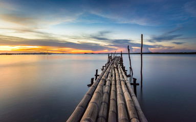 Bamboo bridge in the sea the twilight