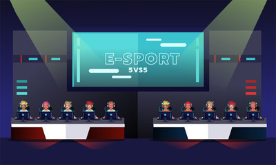 E sport tournament, team of professional gamer playing in competitive video game. Games tournament. Vector illustration . © watsaphol