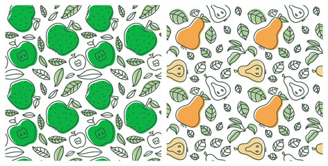 Seamless pattern set. Juicy fruit. Apple and pear. Hand drawn color vector sketch background. Colorful doodle wallpaper. Summer print