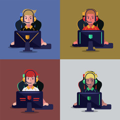 Set of professional gamer playing video game on computer. E sport player. Vector illustration.