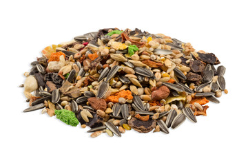 food for rodents, a pile of cereals, seeds and components isolated on white background, side view