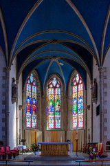 Fototapeta na wymiar Plonévez-Porzay. Vitrail de l'église saint Milliau. Bretagne. Finistère