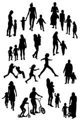 A large set of silhouettes of women mothers with children, vector. Mother's day concept.