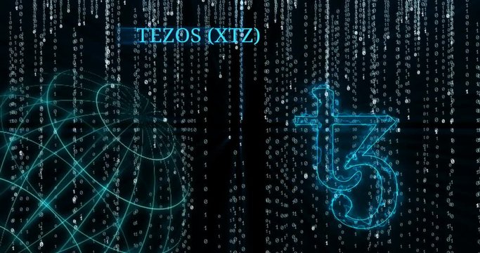 Glowing Tezos (XTZ) symbol against falling binary code symbols