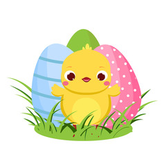 Cute chicken and Easter eggs. Cartoon funny chick for spring design
