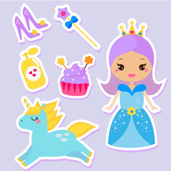 Cute princess stickers. fairy tale girl, unicorn, fashion accessories set. For children design