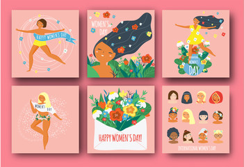 Fototapeta na wymiar International Women's Day. Happy females of different nationalities and religions. Set of templates for card, poster, banner. Vector illustration for 8 march