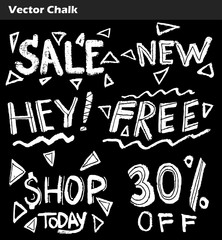 Vector set of hand drawn doodle sale lettering, typography, frames, bubbles written on chalkboard background