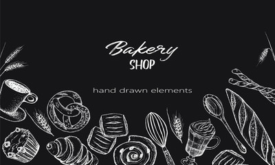 Bakery top view frame. Hand drawn sketch with bread, pastry, sweet.Vector set of bread and bakery products.  Background template for design. Can be use for menu, packaging.