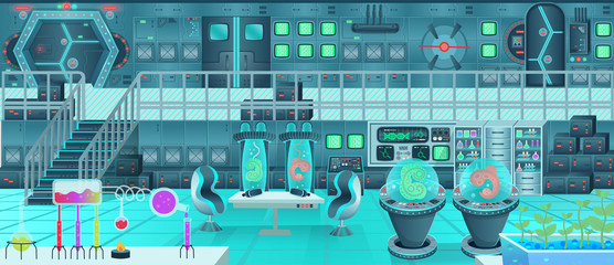 Background for games and mobile applications spaceship. Spaceship interior, laboratory. Cartoon vector illustration.