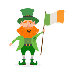Leprechaun is holding the flag of Ireland.