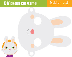 DIY children educational creative game. Make an animal party mask with scissors. Rabbit face paper mask for kids printable sheet