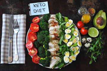 A plate with healthy products for keto diet or proper nutrition. Organic food.