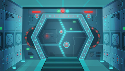 Corridor with a door in a spaceship.Vector cartoon background interior room sci-fi spaceship. Background for games and mobile applications. © NADEZHDA
