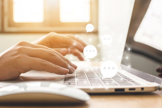 Hand Of Male Typing Text On Keyboard Laptop. Online Live Chat Chatting On Application Communication Digital Media Website And Social Network