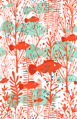 Seamless trendy pattern with blue red corals and swimming fishes on white background. Vector botanical illustration, design element for fabric, wrapping paper, cards, banners, flyers, and another