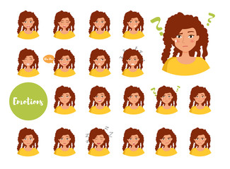 Woman with different emotions. Joy, sadness, anger, talking, funny, fear, smile. Set. Isolated illustration on white background. Vector. Cartoon. Flat. Face expressions