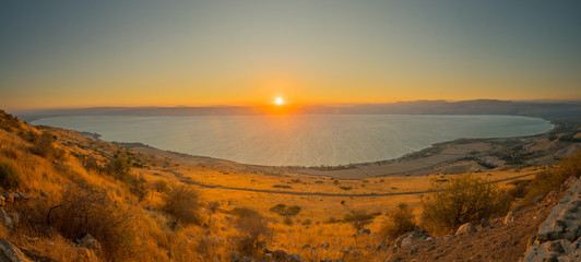 Sea of Galilee (the Kinneret lake), at sunset - obrazy, fototapety, plakaty
