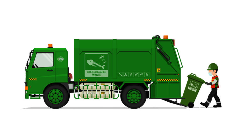 Isolated biodegradable garbage truck and the keeper on transparent background