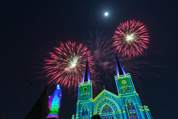 3D Projection Mapping on church at The Cathedral of Immaculate Conception and Fireworks over church Chanthaburi Thailand 25/12/2016. 