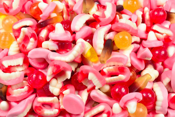 Assorted gummy candies. Top view. Jelly  sweets.