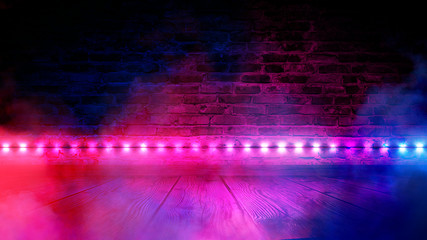 Illumination of an empty brick wall, neon light, smoke. The night scene of an empty room is decorated with abstract light. Night smoke.