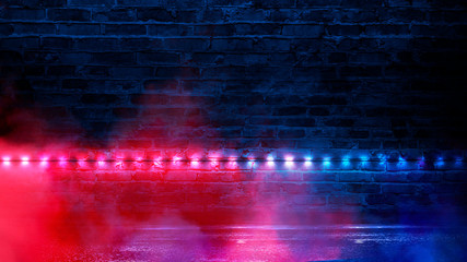 Illumination of an empty brick wall, neon light, smoke. The night scene of an empty room is decorated with abstract light. Night smoke.